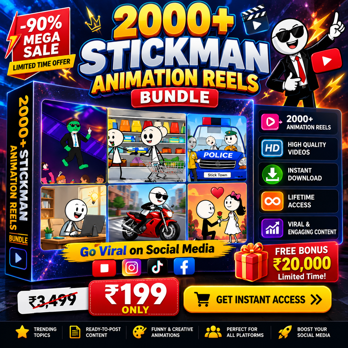 2000+ Stickman Animation Reels Bundle – Viral Cartoon Videos